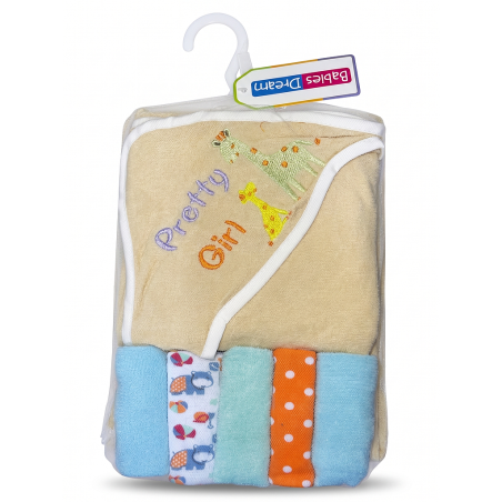 Serviette de bain à capuche BEIGE pour bébé avec 5 gants de visage