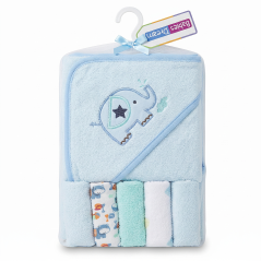 Serviette de bain à capuche BLEU pour bébé avec 5 gants de visage